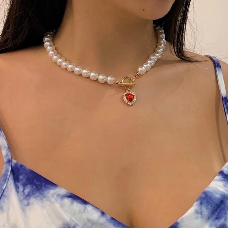 Vintage Crystal Heart Pearl Necklace
